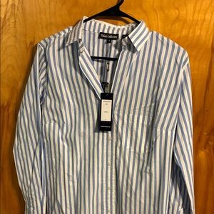 Tolani Blue and White Striped Button-Down Shirt with Floral Muliple Print Back